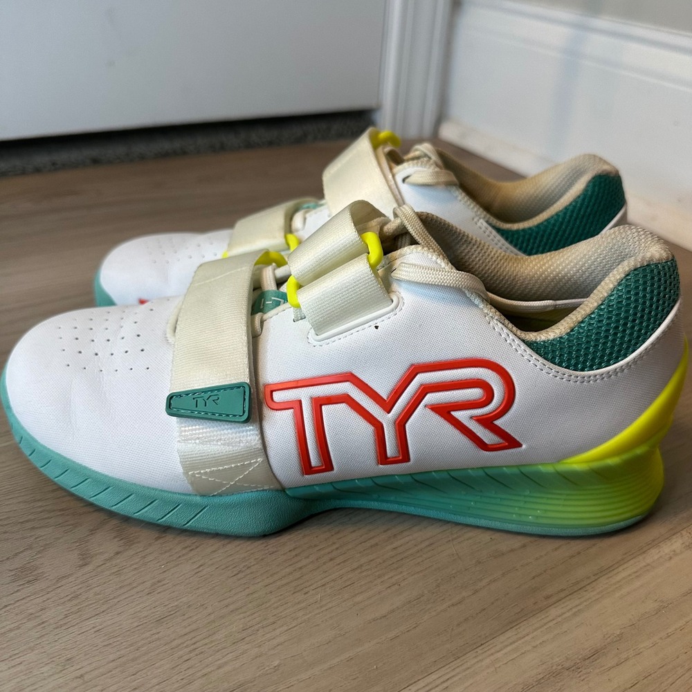 TYR L-1 Lifter W9.5 M8 Weightlifting Shoes White Teal Volt Yellow L1LIFTER